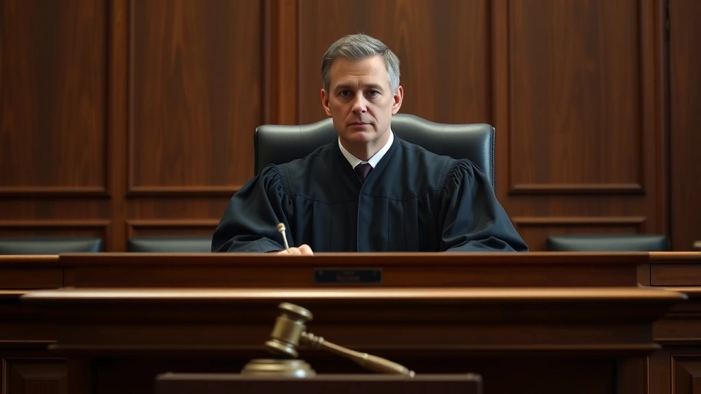 Male judge in black robes sitting at elevated bench in courthouse, gavel visible, formal courtroom setting with wood paneling, neutral professional demeanor, official judicial environment