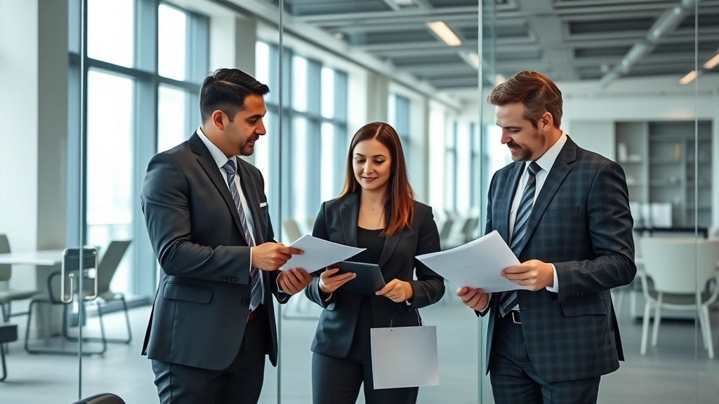Diverse team of three lawyers in business professional attire having discussion in modern glass-walled conference room, reviewing documents together, collaborative atmosphere, contemporary office design
