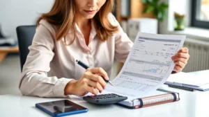 Professional woman reviewing paycheck and timesheet documents at desk, analyzing wage calculations with calculator and pen, professional office environment with natural lighting
