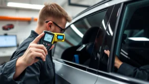 Professional automotive window tinting specialist using light meter to measure visible light transmission on vehicle side window, laboratory setting with calibration equipment visible, professional attire, precise measurement technique