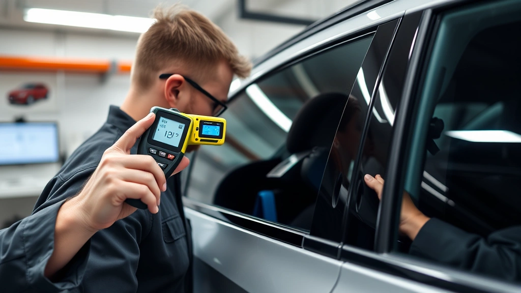 Professional automotive window tinting specialist using light meter to measure visible light transmission on vehicle side window, laboratory setting with calibration equipment visible, professional attire, precise measurement technique