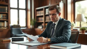 Professional male attorney in business suit working at wooden desk reviewing legal documents and case files in a modern law office, natural sunlight through window, serious focused expression