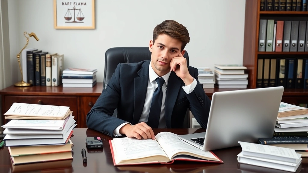 Young attorney sitting at desk during bar exam preparation, surrounded by legal study materials, bar exam prep books, laptop displaying practice questions, concentrated expression, professional office setting