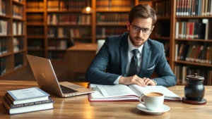 Professional law student studying legal documents at wooden desk with laptop, law books, and coffee in modern law library with natural lighting and warm atmosphere