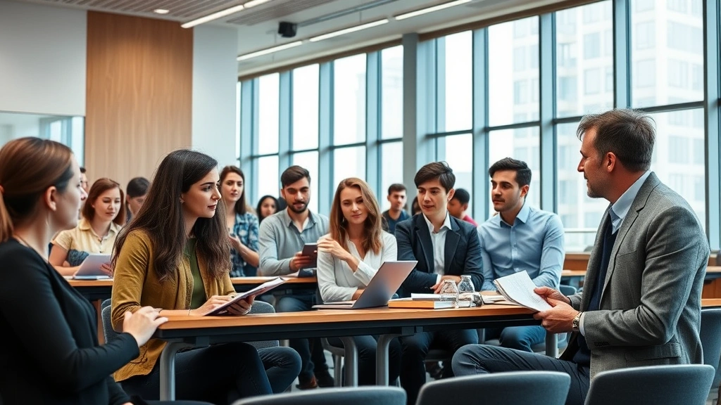 Diverse group of law students engaged in classroom discussion with professor, taking notes and participating actively in modern lecture hall with large windows
