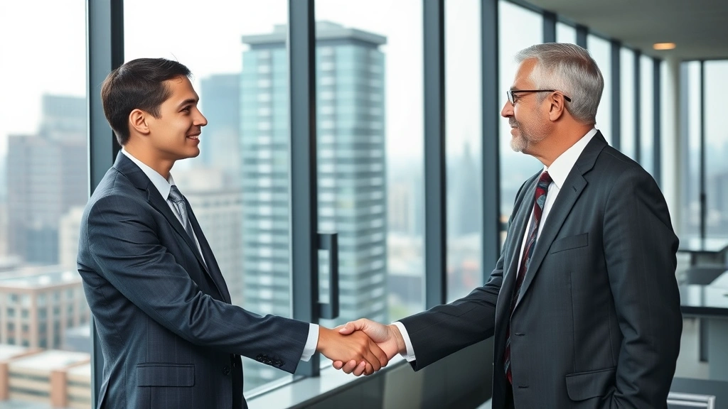 Young attorney or law graduate in business professional attire shaking hands with senior legal professional in modern office building with glass windows and city skyline view