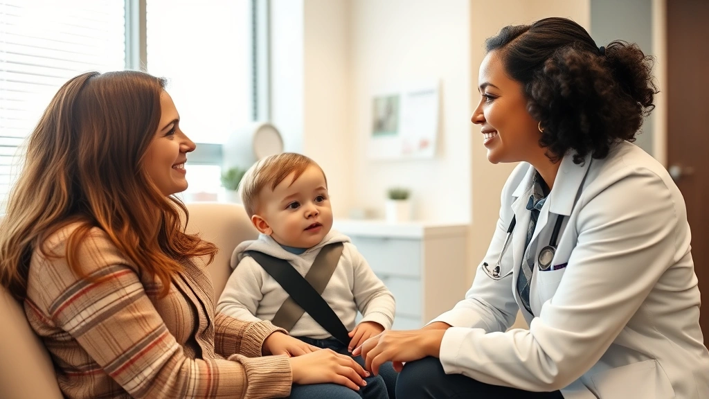 Professional female pediatrician consulting with parent about child car safety, modern medical office, warm lighting, genuine interaction showing guidance and trust