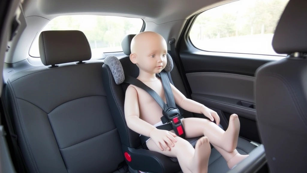 Correctly installed booster seat in vehicle rear seat, child-sized dummy properly positioned with seat belt routing, clear view of lap and shoulder belt placement, natural daylight