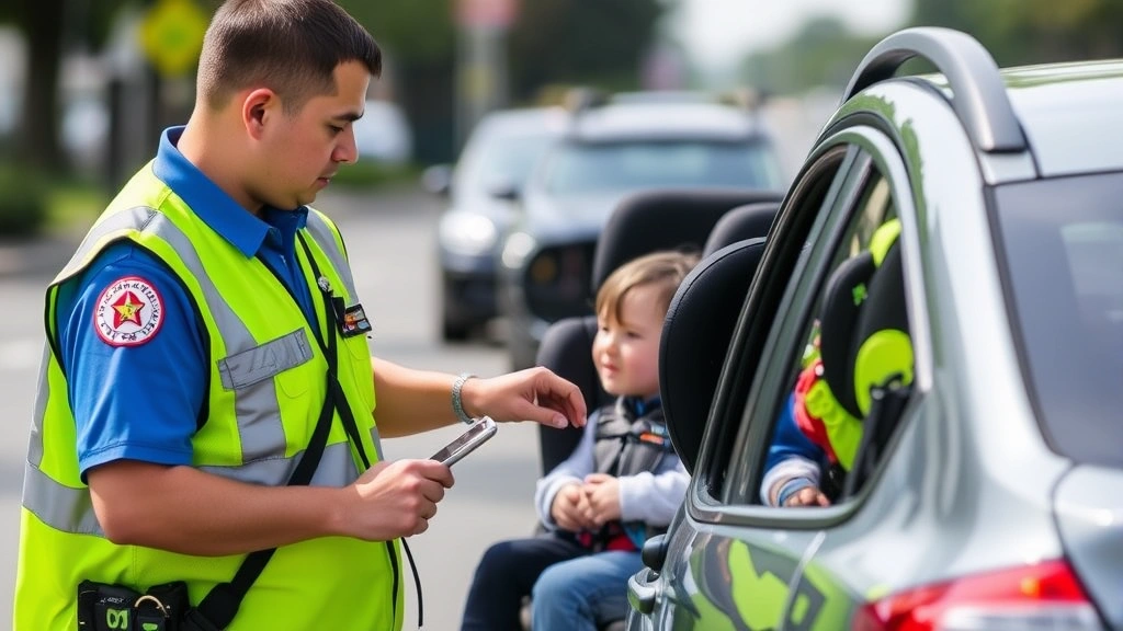 Traffic safety officer conducting roadside vehicle inspection, checking child restraint systems, professional uniform, focused on safety compliance, daytime street setting