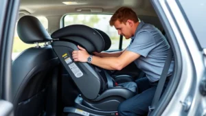 Professional photograph of a certified child safety technician installing a car seat in a vehicle, showing proper LATCH system connection and positioning, technician wearing uniform or professional attire, modern vehicle interior, focused on the installation process