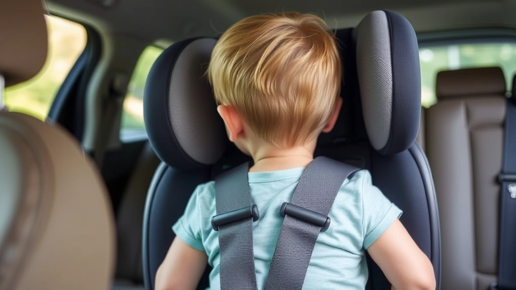 Close-up image of a child properly secured in a rear-facing car seat with harness straps correctly positioned, showing proper fit and installation, vehicle interior background, emphasizing safety features and correct positioning