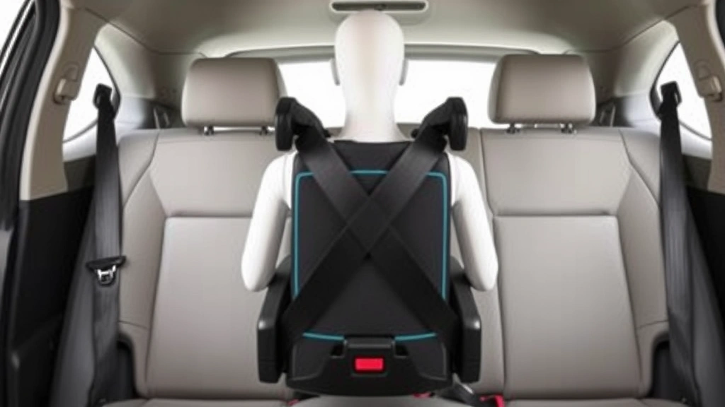 Photograph of a booster seat properly installed in a vehicle back seat with seat belt correctly positioned across child-sized mannequin or child's silhouette, showing proper shoulder and lap belt placement, modern vehicle interior, professional lighting