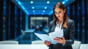 Professional female lawyer in business suit reviewing digital compliance documents on tablet in modern office with blue-toned lighting, serious focused expression