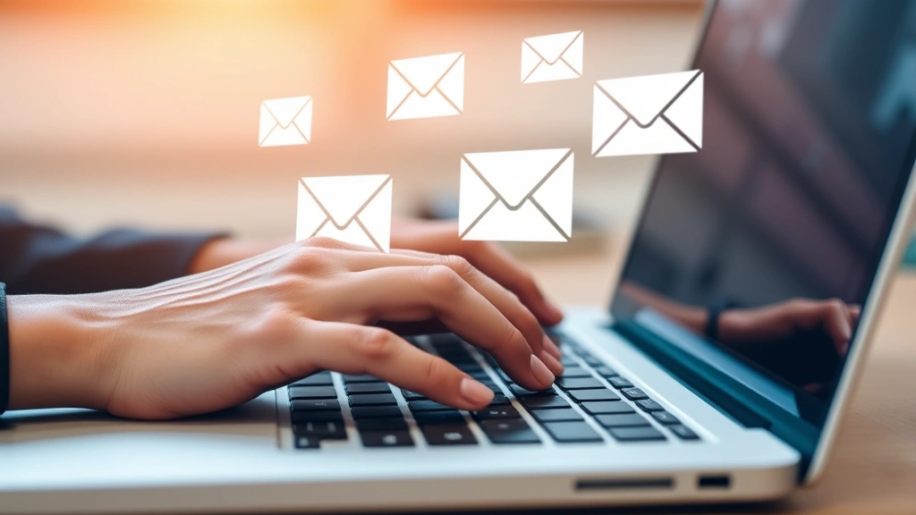Close-up of hands typing on laptop keyboard with email and messaging icons floating above screen, representing electronic communications and digital compliance