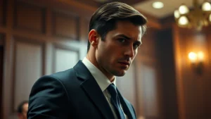 Professional male actor in dramatic courtroom scene wearing business suit, intense facial expression, cinematic lighting, photorealistic legal drama aesthetic