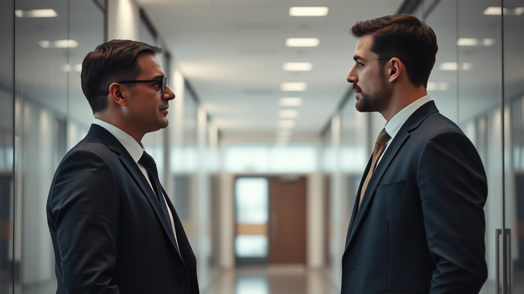 Two male professionals in formal suits having serious conversation in modern office building hallway, dramatic tension, professional legal setting, photorealistic cinematography
