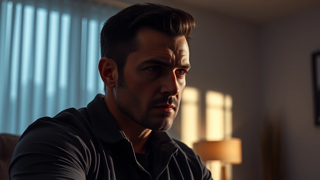 Serious male protagonist in contemplative pose in modern minimalist home interior, dramatic shadows and lighting, intense emotional expression, photorealistic thriller aesthetic
