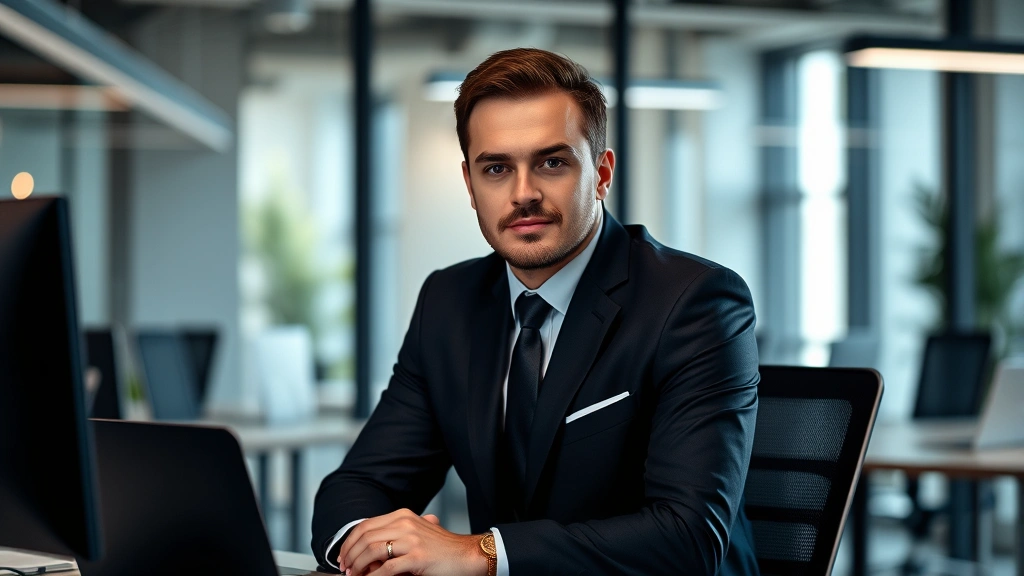 Professional male actor in dark suit sitting at a desk in modern office setting, serious expression, professional headshot style lighting, contemporary workspace background
