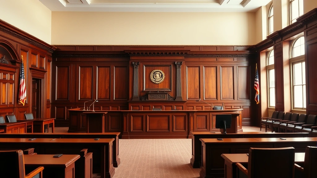 Courtroom interior with wooden judge's bench, witness stand, and professional legal setting, empty courtroom with natural light from windows, mahogany furniture and formal legal atmosphere