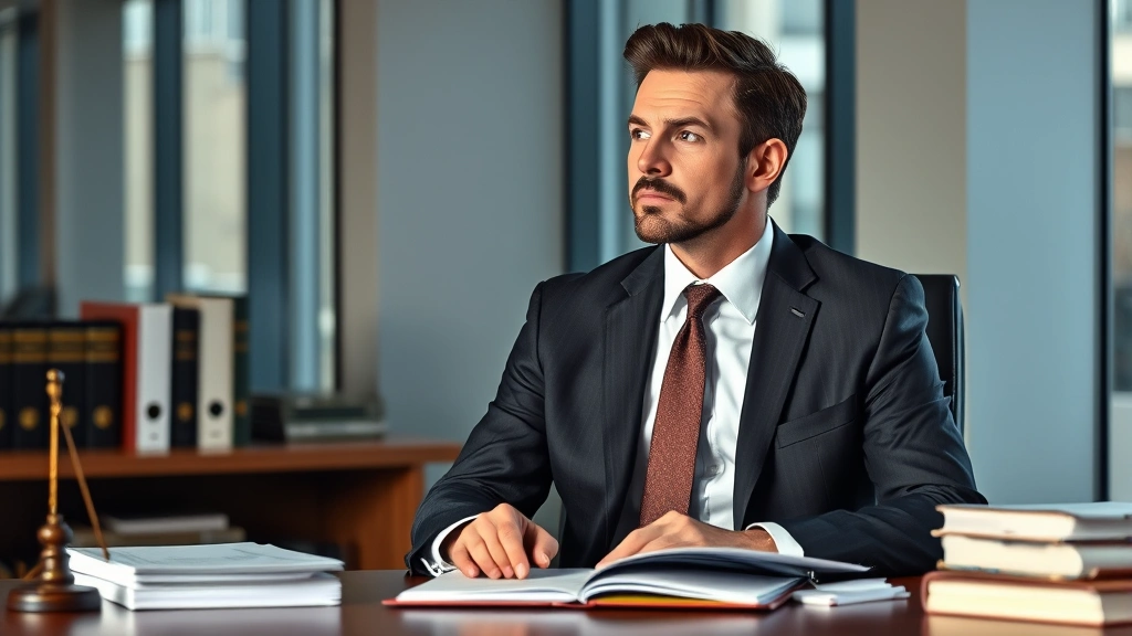 Professional male actor in business suit sitting in modern office environment with law books and legal documents on desk, serious contemplative expression, natural lighting from window, representing prosecutor character