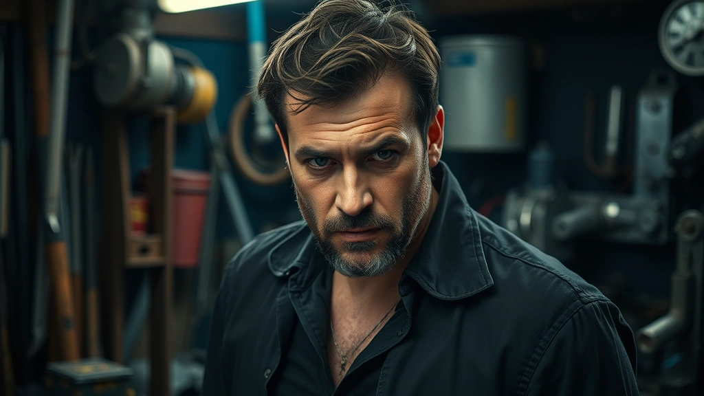 Intense male actor in dark workshop setting surrounded by tools and mechanical equipment, focused expression showing concentration and determination, dramatic side lighting, conveying complex character depth