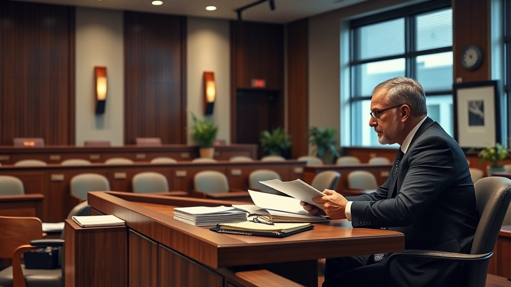 Professional courtroom setting with modern legal office environment, lawyers reviewing case files at desk, neutral contemporary office décor, natural lighting, serious professional atmosphere