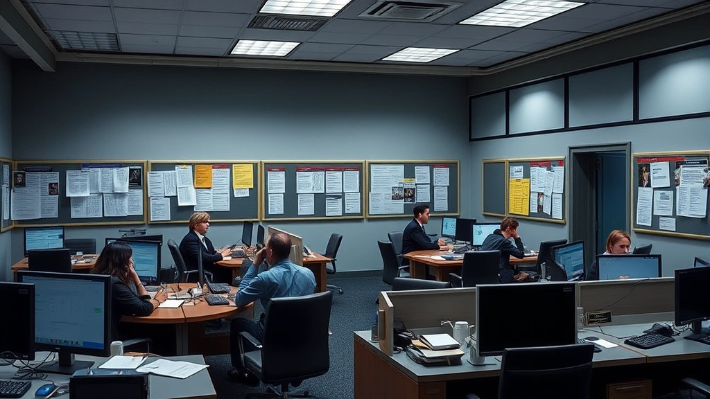 Detective squad room with multiple investigators working at desks, bulletin boards with case information, modern police precinct interior, collaborative professional environment, realistic law enforcement workspace