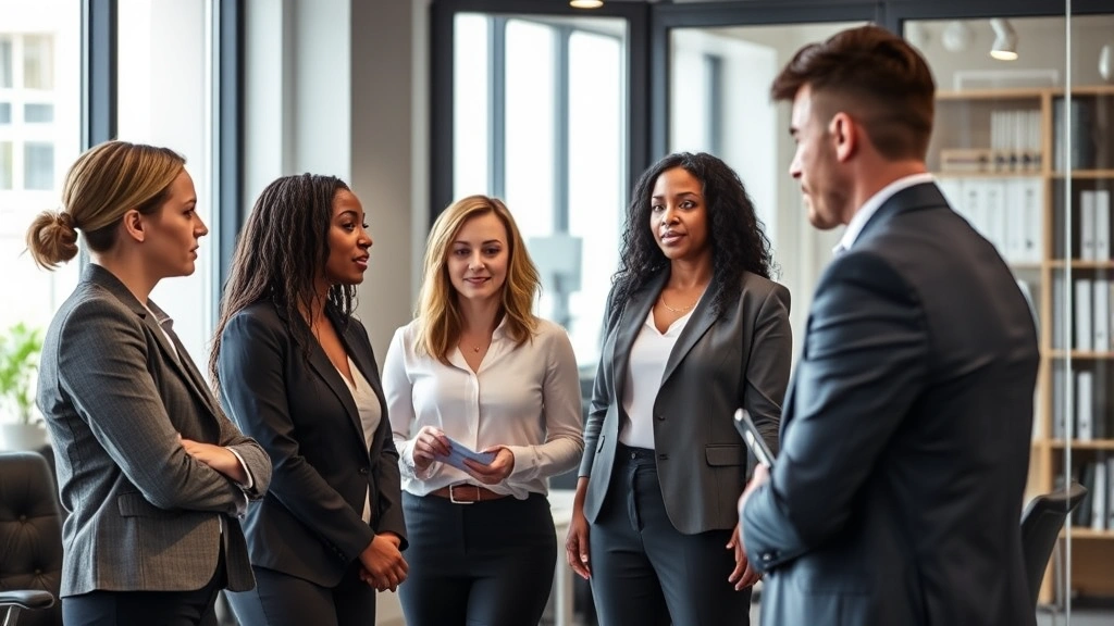 Criminal justice professionals in discussion, diverse team of attorneys and investigators in modern office, collaborative meeting setting, professional legal environment, contemporary workplace dynamics