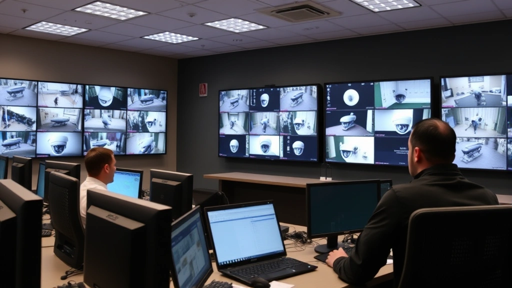 Professional security monitoring station with multiple screens displaying live camera feeds, security personnel reviewing footage, modern control room with professional lighting and equipment, no visible text or labels