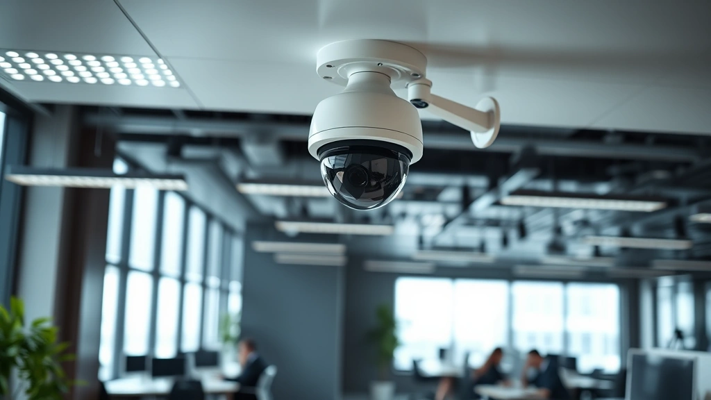Modern office space with visible surveillance camera mounted in corner near ceiling, professional business environment with employees working, natural lighting from windows, camera positioned to show monitoring capability in workplace setting