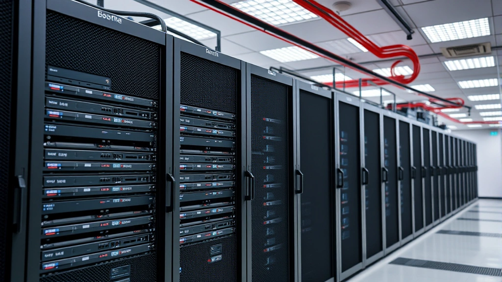 Data center with secure storage servers and backup systems, professional IT infrastructure for video footage management, rows of server equipment with proper organization, secure facility appearance emphasizing data protection