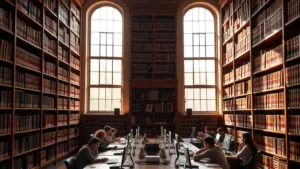Professional law library with wooden shelves containing leather-bound law books, natural sunlight streaming through tall windows, modern study desks with computers, diverse students studying together, professional and scholarly atmosphere