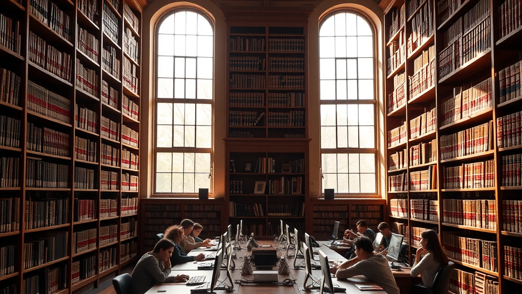 Professional law library with wooden shelves containing leather-bound law books, natural sunlight streaming through tall windows, modern study desks with computers, diverse students studying together, professional and scholarly atmosphere