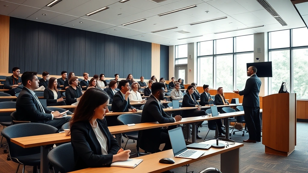 Modern law school classroom with contemporary furnishings, law students taking notes during lecture, professor teaching at podium, bright natural lighting, technology-integrated learning environment, professional educational setting