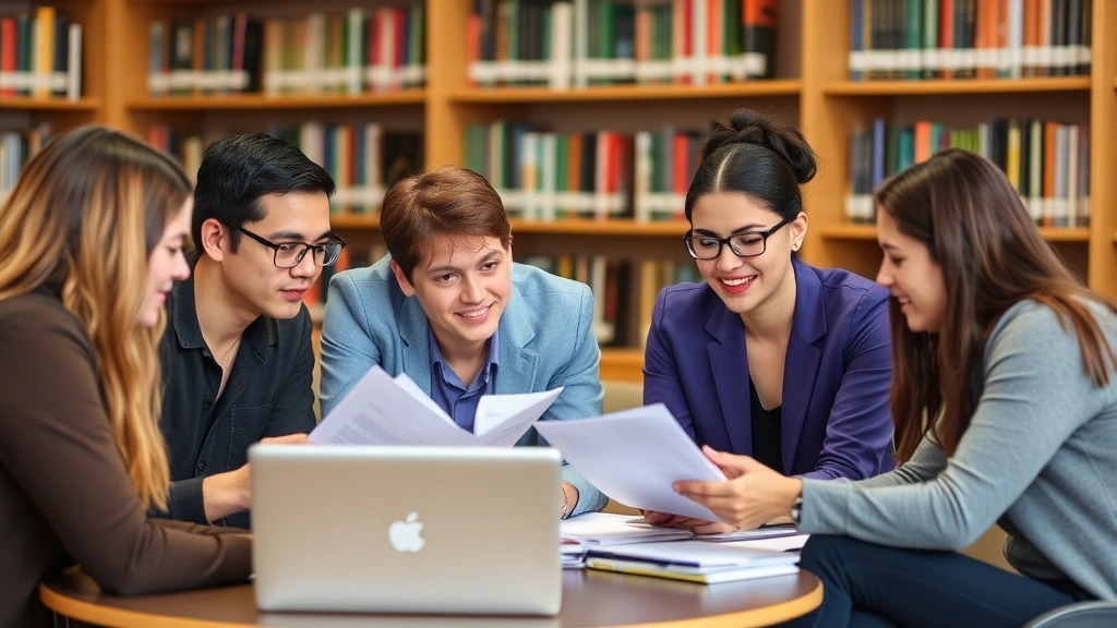 Diverse group of law students collaborating in library study area, reviewing case materials on laptops, discussing legal documents, engaged and focused expressions, collaborative learning environment, professional academic setting