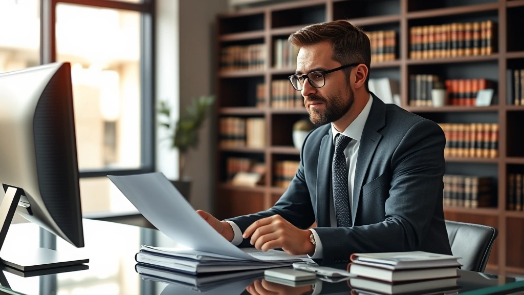 Professional legal expert in business attire reviewing documents at modern desk with computer, confident expression, law office background with bookshelves, natural lighting, photorealistic corporate environment