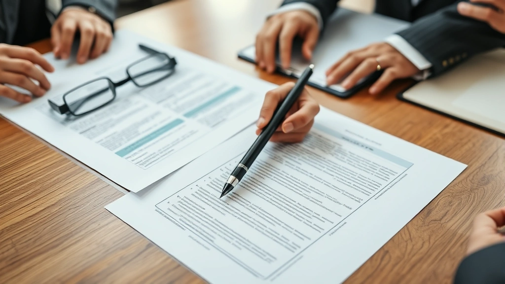 Close-up of hands reviewing official documents and contracts on wooden desk, professional setting with pen and glasses, daylight illumination, serious focused atmosphere, no visible text on documents
