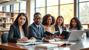 Professional diverse law students studying together at modern library desk with legal books and laptops, serious focused expressions, warm natural lighting from large windows, contemporary law school setting