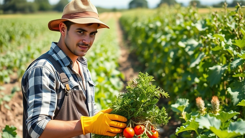Young adult farm worker in agricultural setting harvesting crops, wearing work clothes and gloves, sunny field environment, demonstrating safe agricultural labor practices