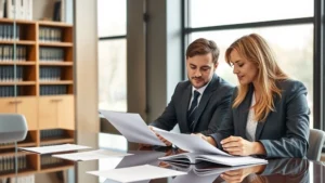 Professional male and female attorneys in business attire reviewing documents at a conference table in a modern law office, discussing family law matters with serious expressions, natural lighting from large windows