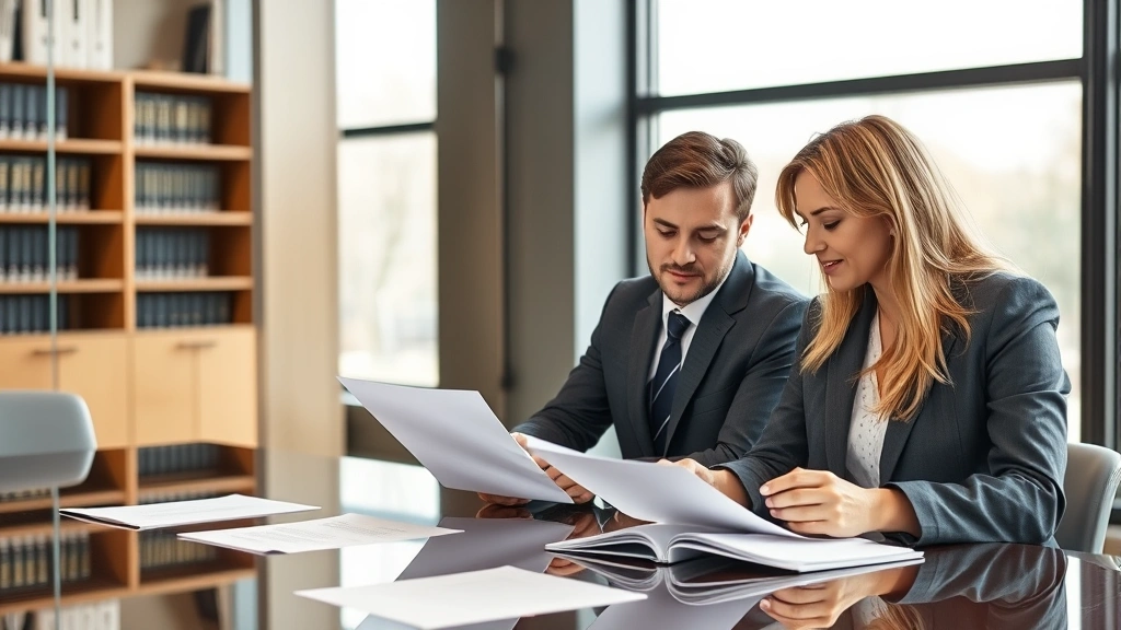 Professional male and female attorneys in business attire reviewing documents at a conference table in a modern law office, discussing family law matters with serious expressions, natural lighting from large windows