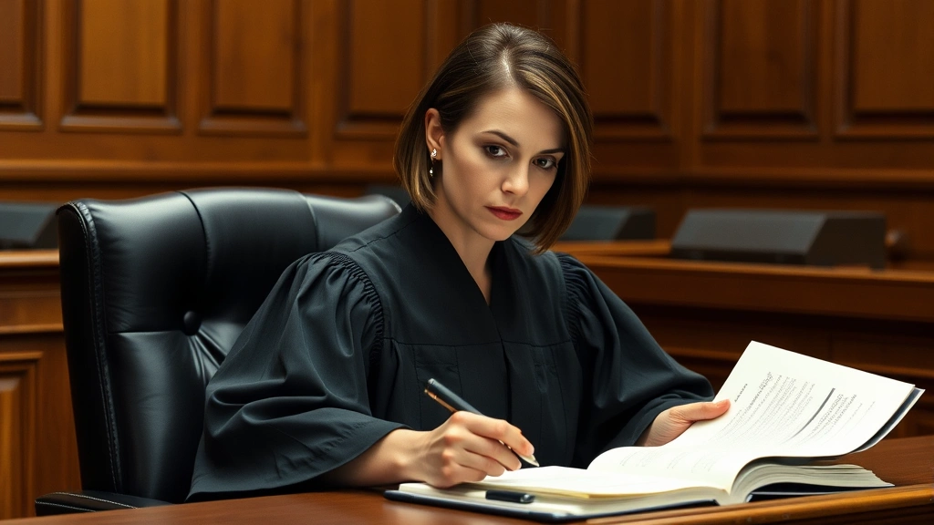 Female judge in black robes sitting at bench in courtroom, reviewing case files with concentrated expression, professional court setting with wood paneling and formal atmosphere, no visible text on documents