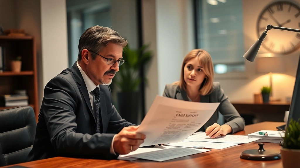 Professional family law attorney reviewing child support documents with client at modern office desk, warm lighting, serious focused expression, paperwork visible but not readable