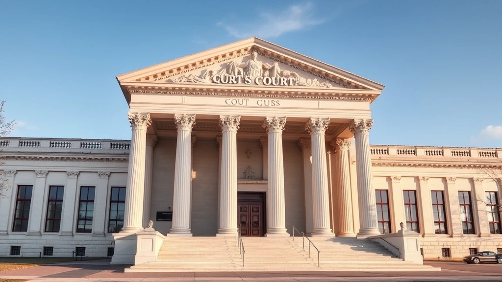 Court building exterior with classical architecture, professional and authoritative setting, clear sky, no visible signage or text on building