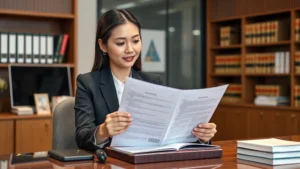 Professional female attorney in modern Chinese law office reviewing marriage contract documents at desk, wearing business attire, contemporary office background with legal books and computer