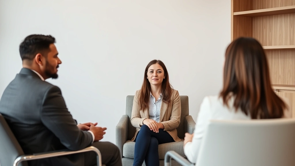 Diverse couple sitting across from mediator in professional mediation office setting, discussing family law matters, neutral professional environment with natural lighting