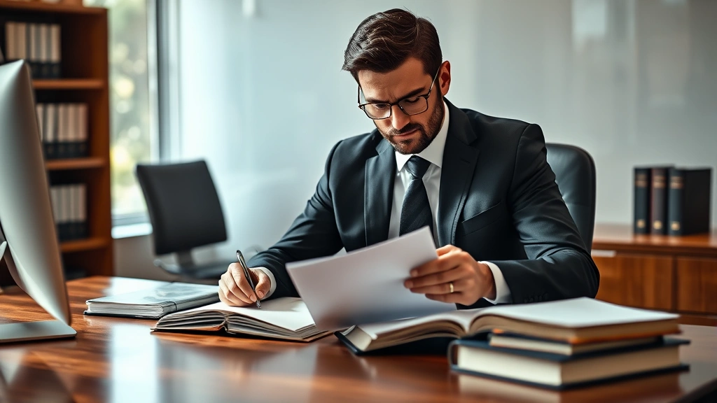 Professional lawyer in business suit reviewing documents at wooden desk with legal books and computer, natural office lighting, focused expression, photorealistic