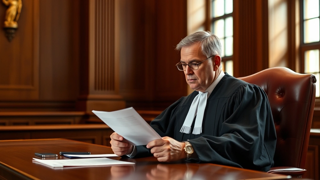 Professional judge in formal robes sitting at wooden desk in modern courthouse, reviewing legal documents with focused expression, natural lighting from windows
