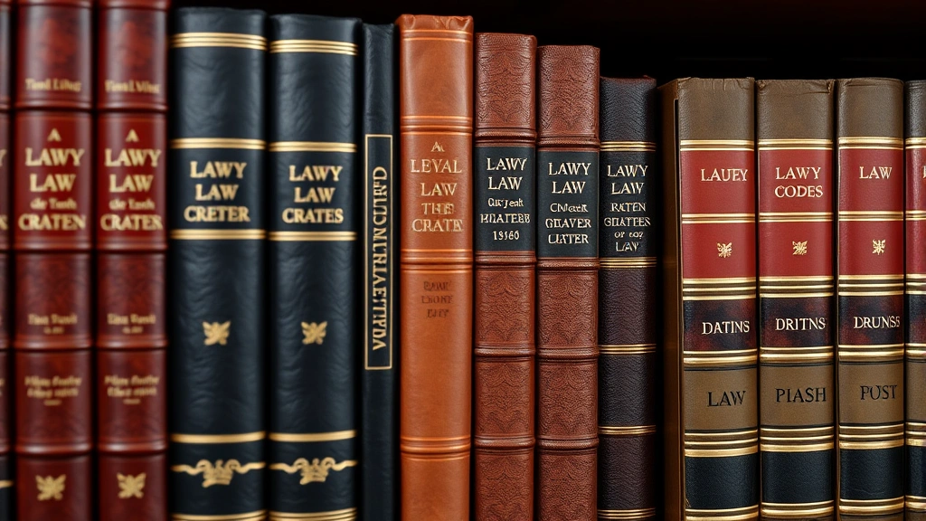 Close-up of law books and legal codes on library shelf, leather-bound volumes with gold lettering, organized legal reference materials in professional law office