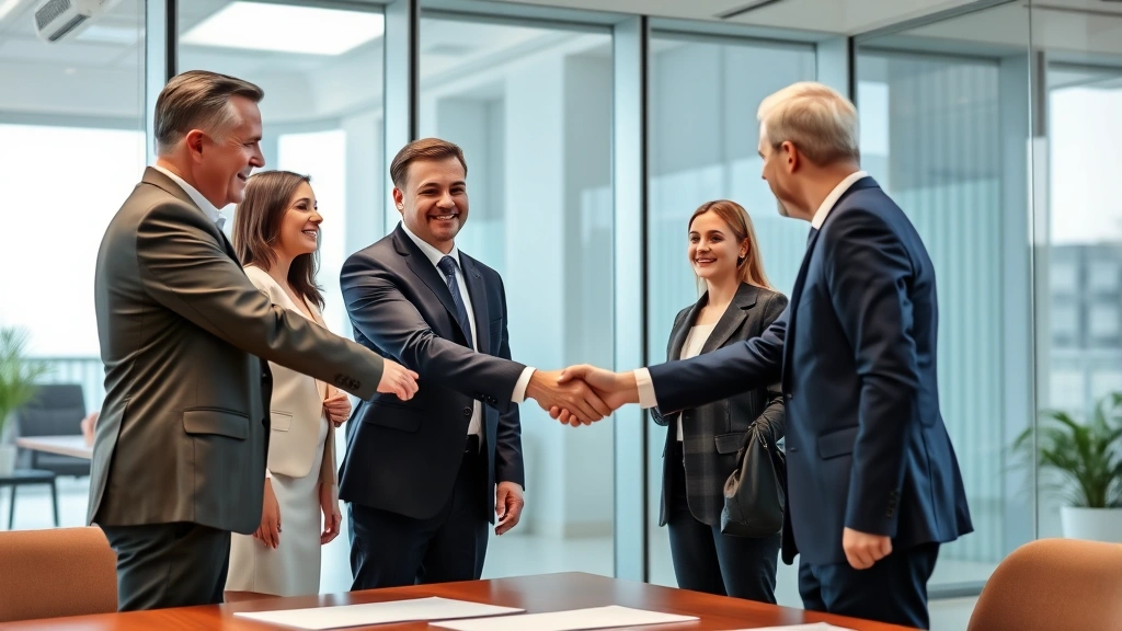 International business professionals from different countries shaking hands in modern conference room, diverse team discussing legal contracts and agreements
